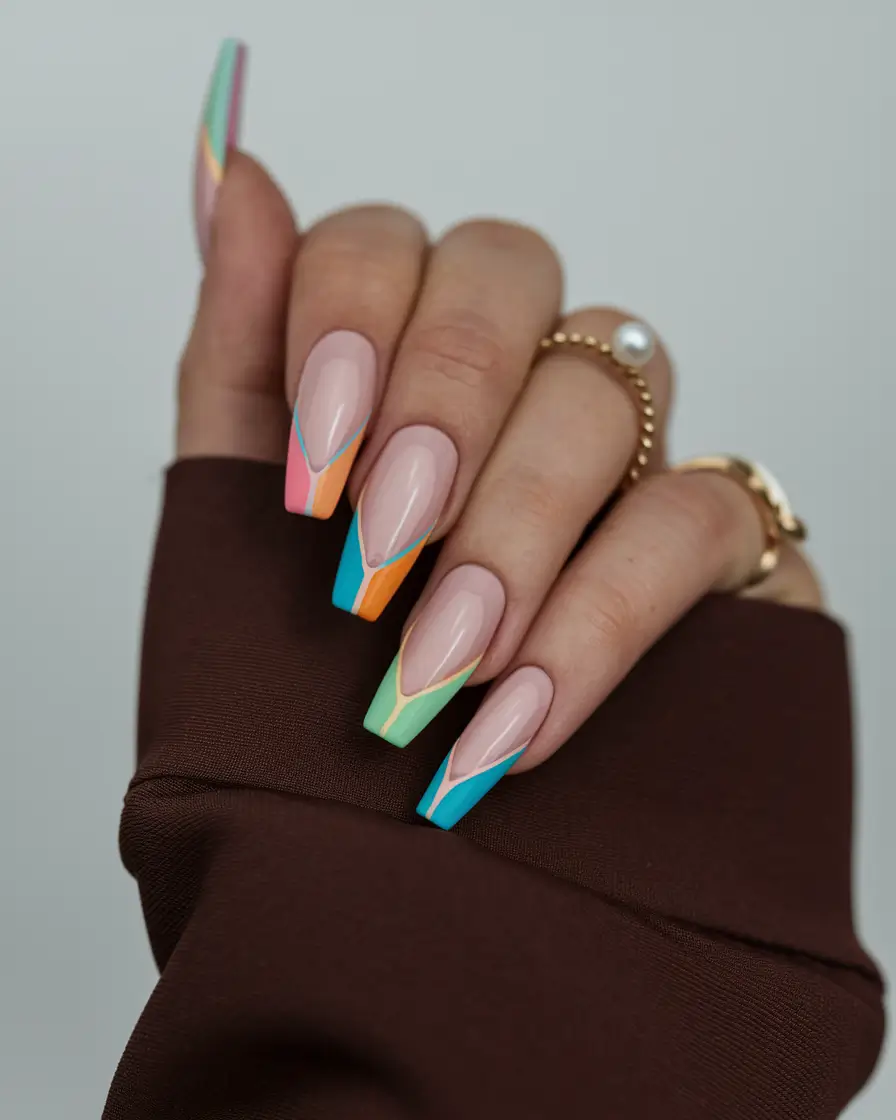 summer french nails ideas 2025 Pastel Chevron French With a Long Almond Twist