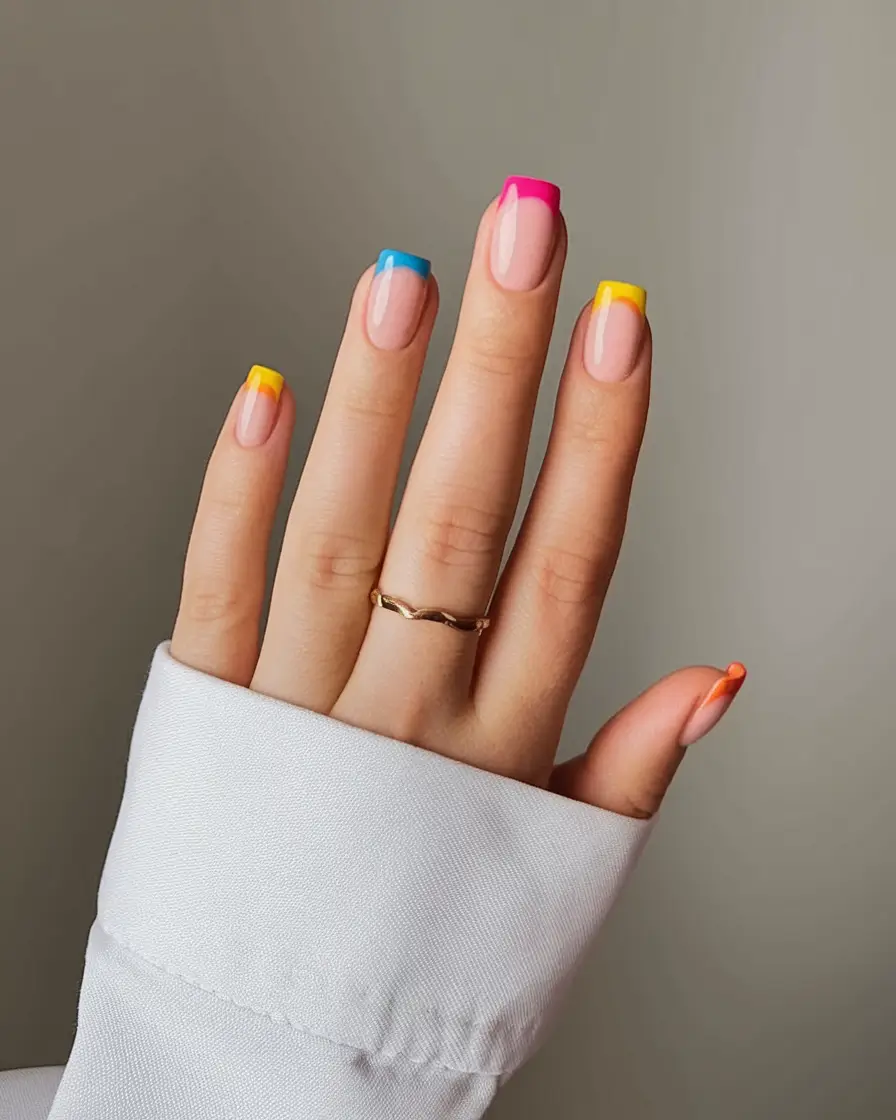 summer french nails ideas 2025 Bold Multicolor Block Tips on Natural Base