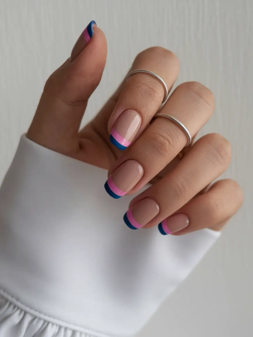 summer french nails ideas 2025 Layered Navy and Pink French Tips