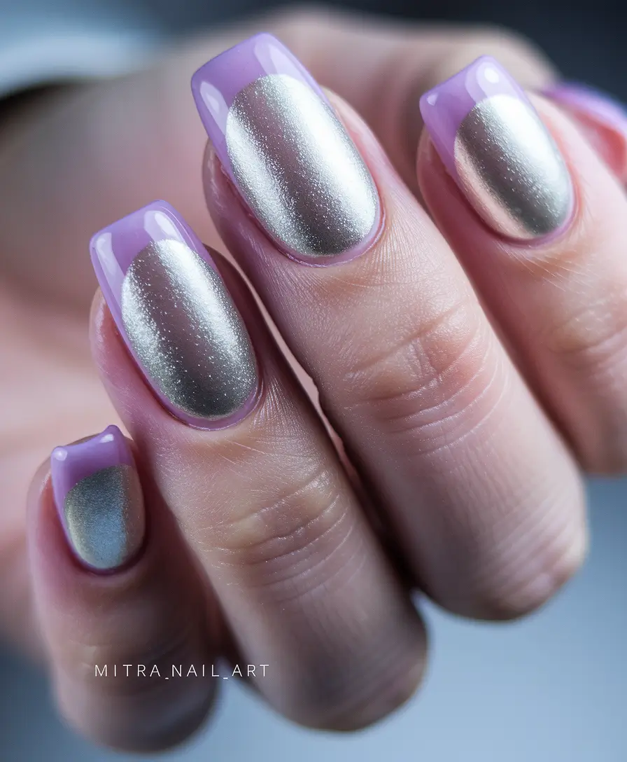 summer french nails ideas 2025 Lavender Moon with Metallic Silver Base