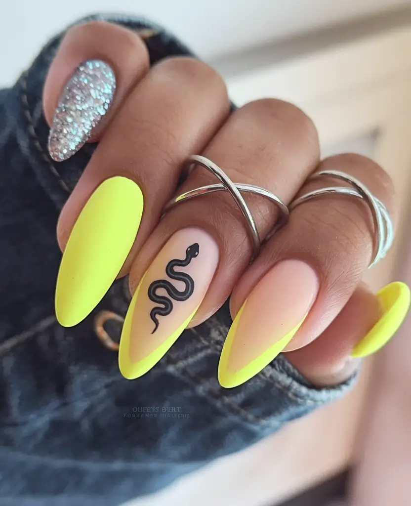 summer gel nail design ideas Neon Venom with Matte Pop and a Sparkle Bite