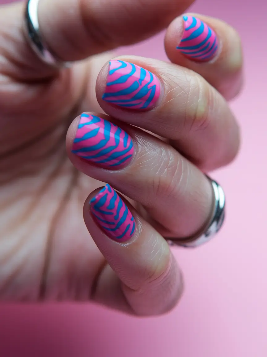 summer gel nail design ideas Zebra Dreams in Barbie Blue and Pink