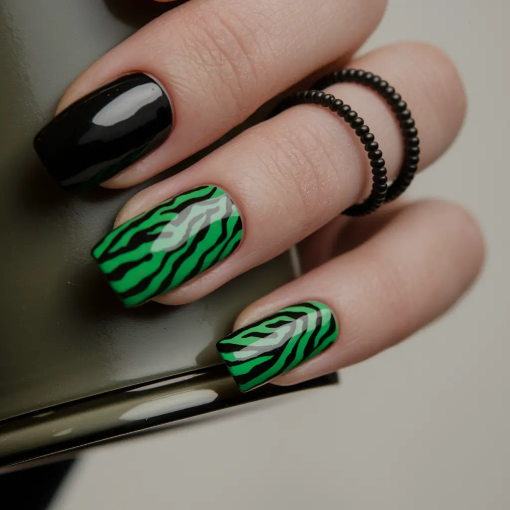 summer gel nail design ideas Jungle After Dark in Black and Green