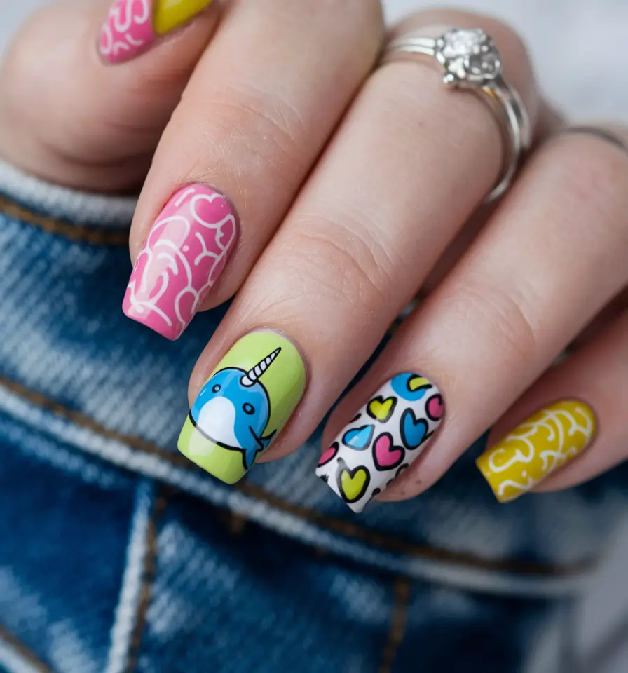summer gel nail design ideas Cartoon Narwhals & Pop Hearts Galore