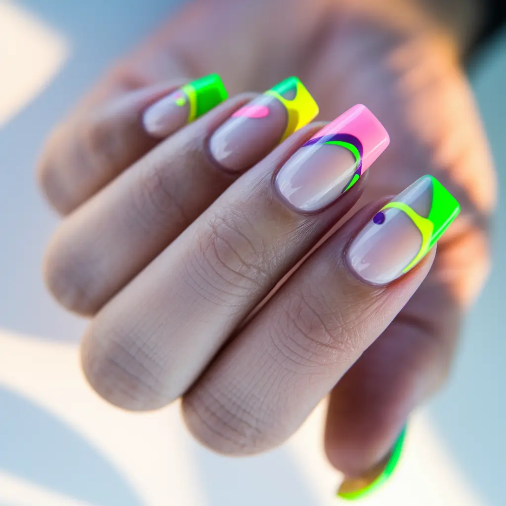 summer gel nail design ideas Neon Negative Space Meets French Remix
