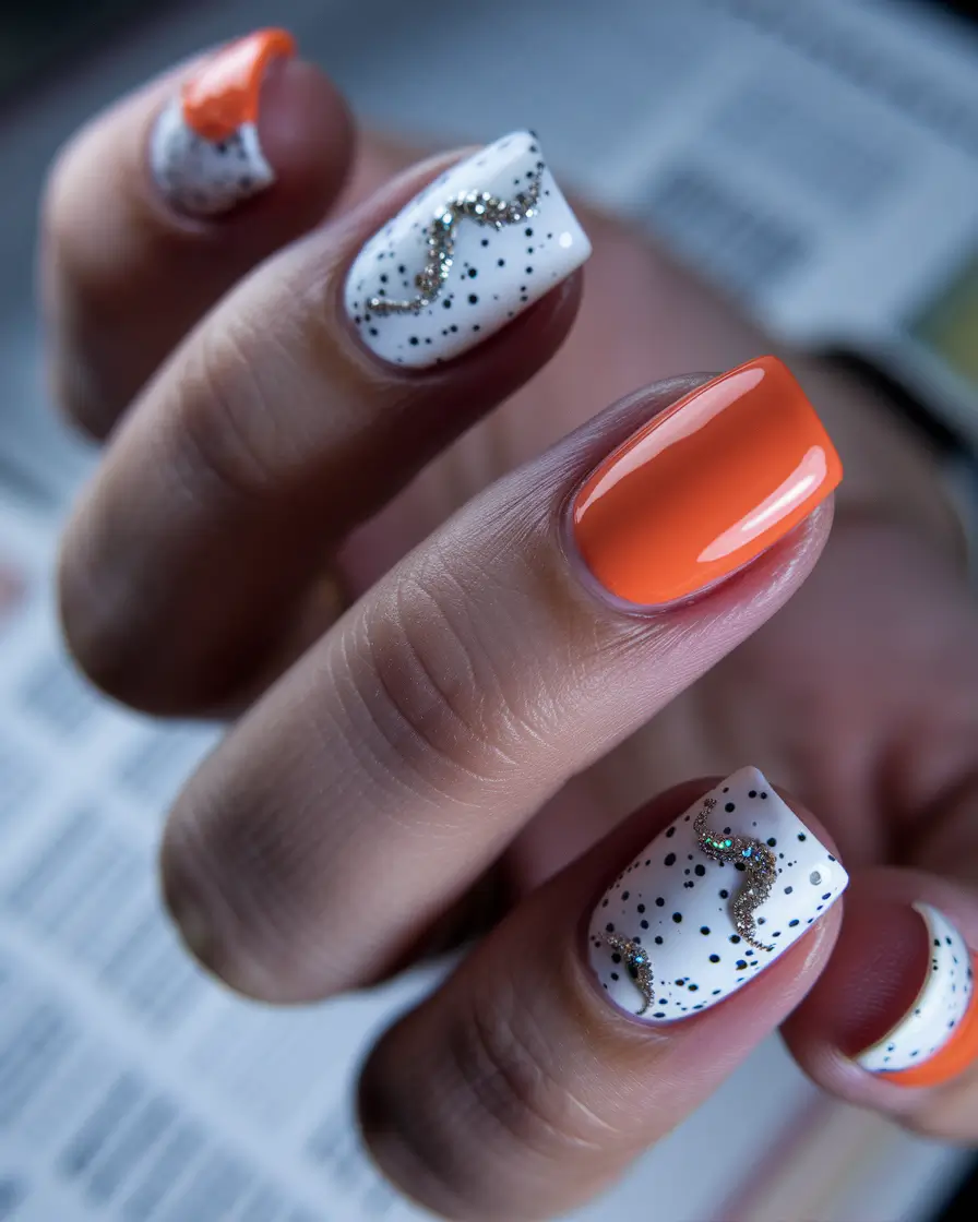 summer gel nail design ideas Orange Splash with Glitter Speckle Swirls