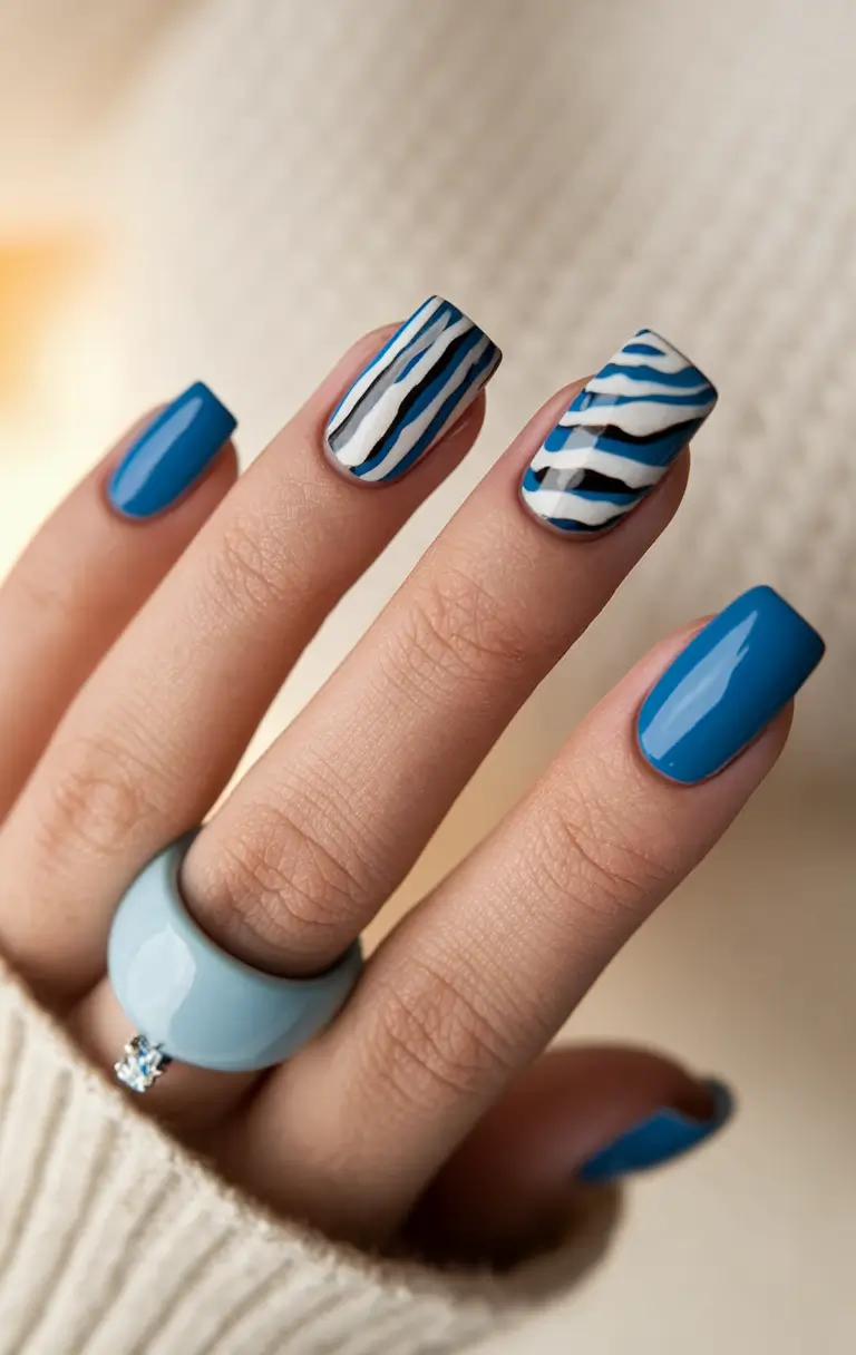 summer gel nail design ideas Bold Striped Blue Safari