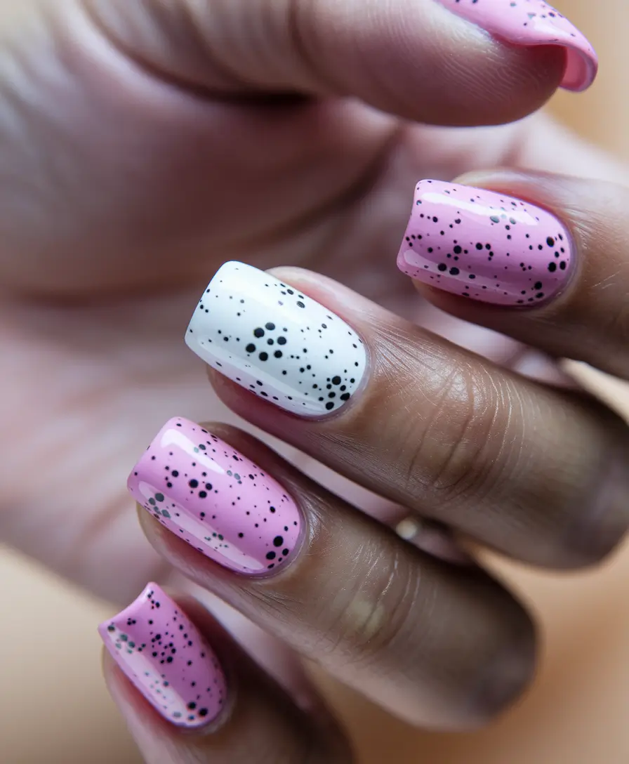 summer gel nail design ideas Strawberry Milk with Black Freckles