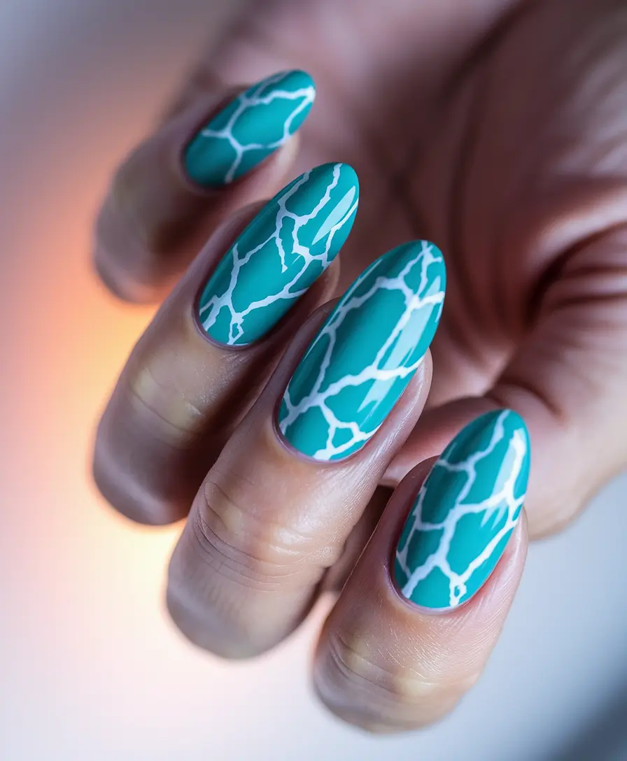 summer gel nail design ideas Electric Aqua with Lightning Veins