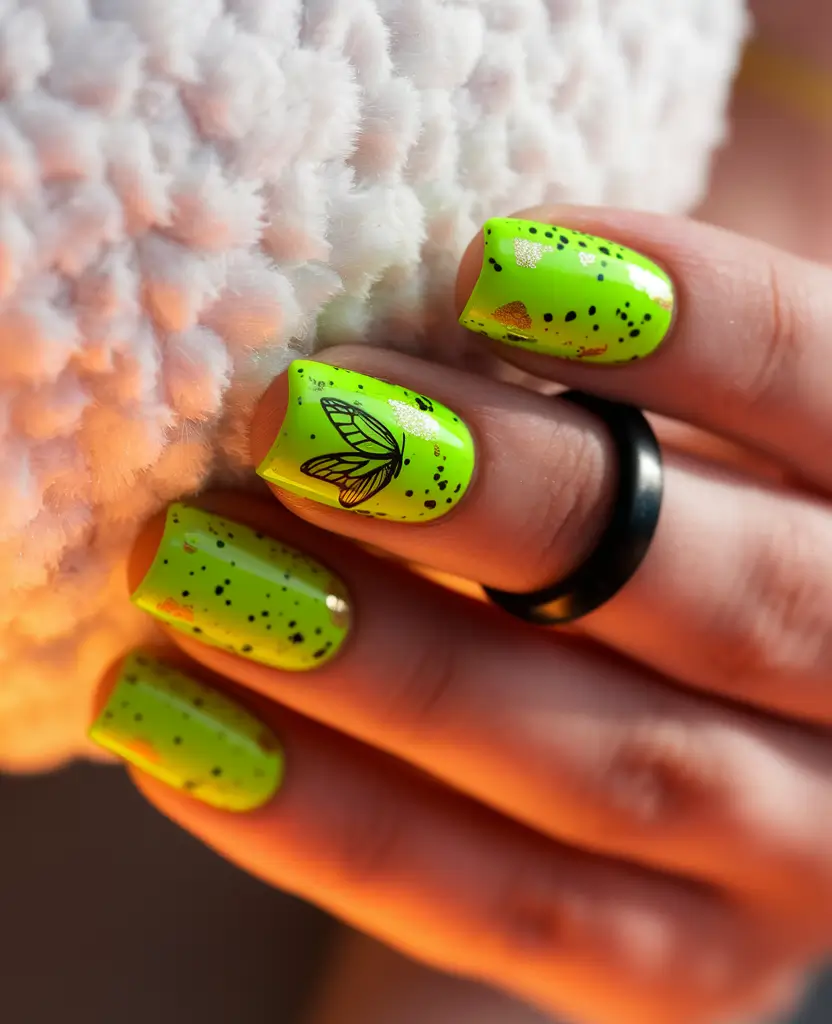 summer gel nail design ideas Neon Speckles and Butterfly Detail