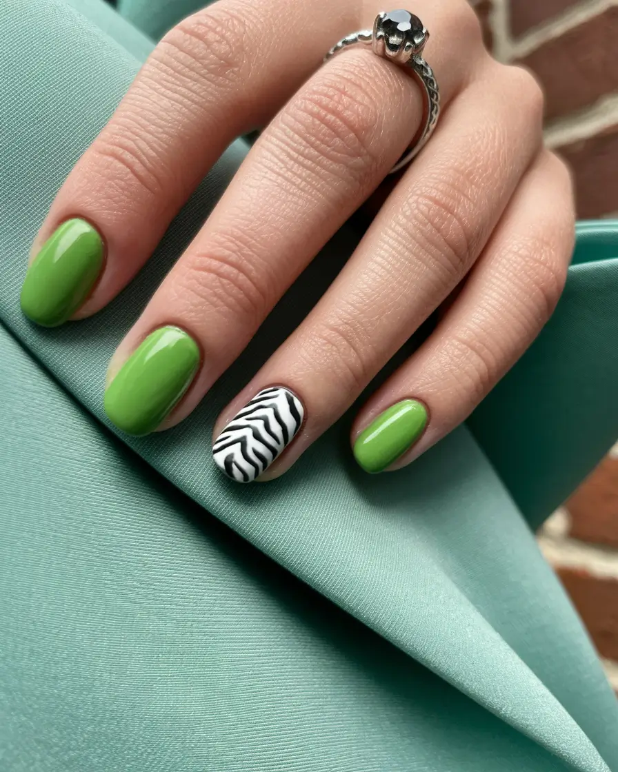 summer green nails ideas 2025 Fresh Lime with Zebra Pop