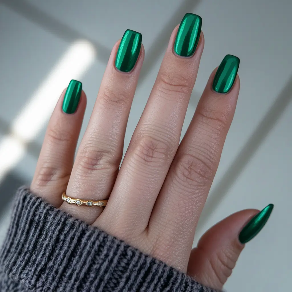 summer green nails ideas 2025 Chrome Emerald Chic