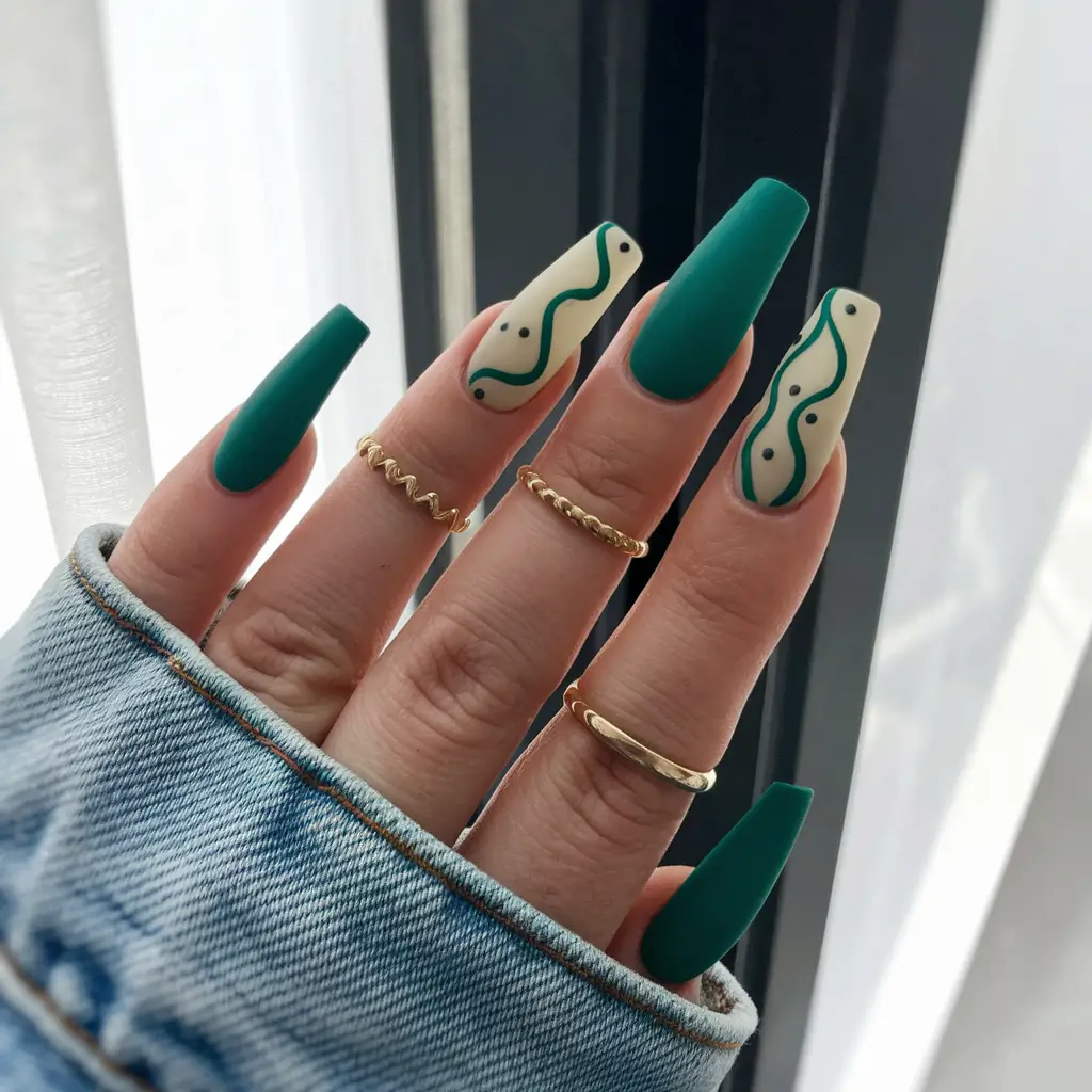 summer green nails ideas 2025 Jade Matte & Abstract Waves