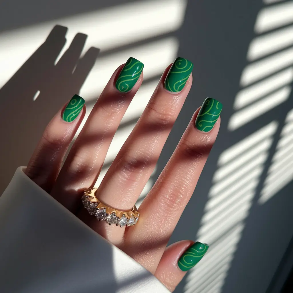 summer green nails ideas 2025 Glossy Spiral Garden
