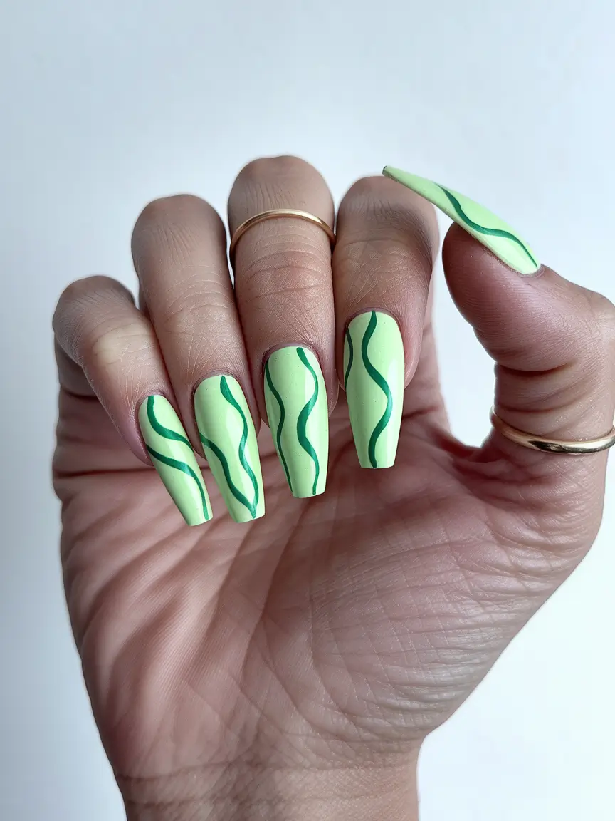 summer green nails ideas 2025 Pastel Waves on Pistachio