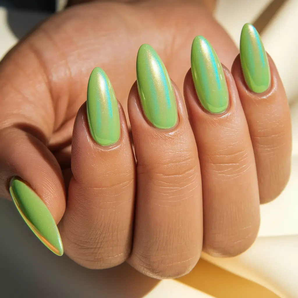 summer green nails ideas 2025 Opalescent Almond Glow