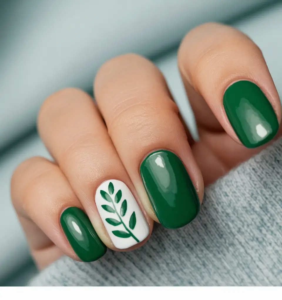 summer green nails ideas 2025 Leaf Accent on Glossy Forest Green