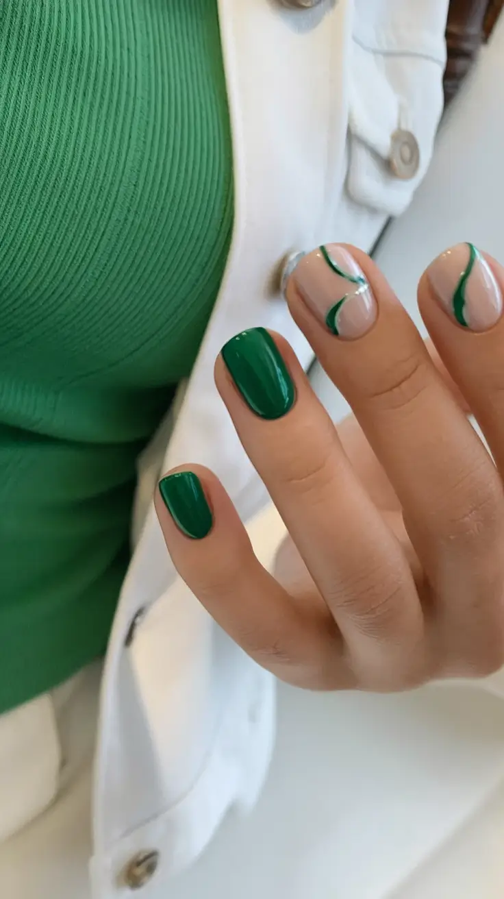 summer green nails ideas 2025 Modern Minimalist Green Swirls