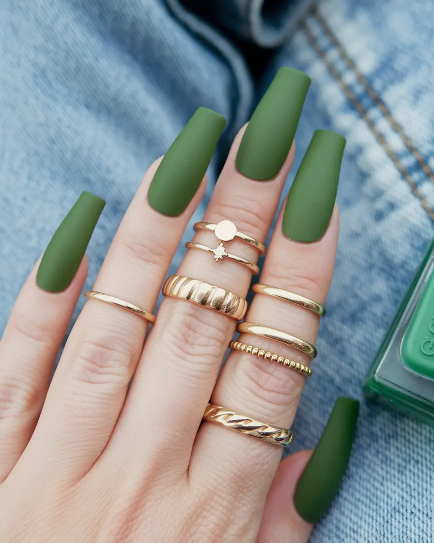summer green nails ideas 2025 Muted Matte Olive Elegance