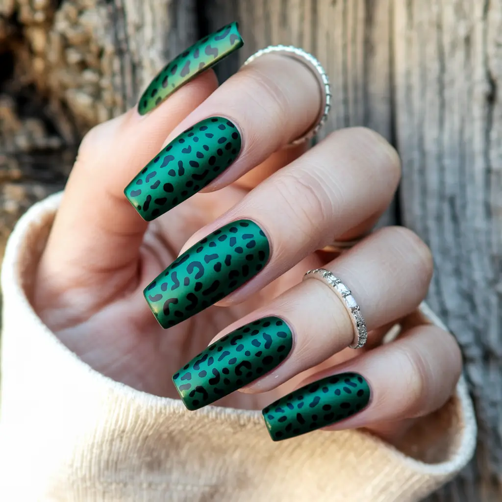 summer green nails ideas 2025 Matte Emerald Leopard Drama