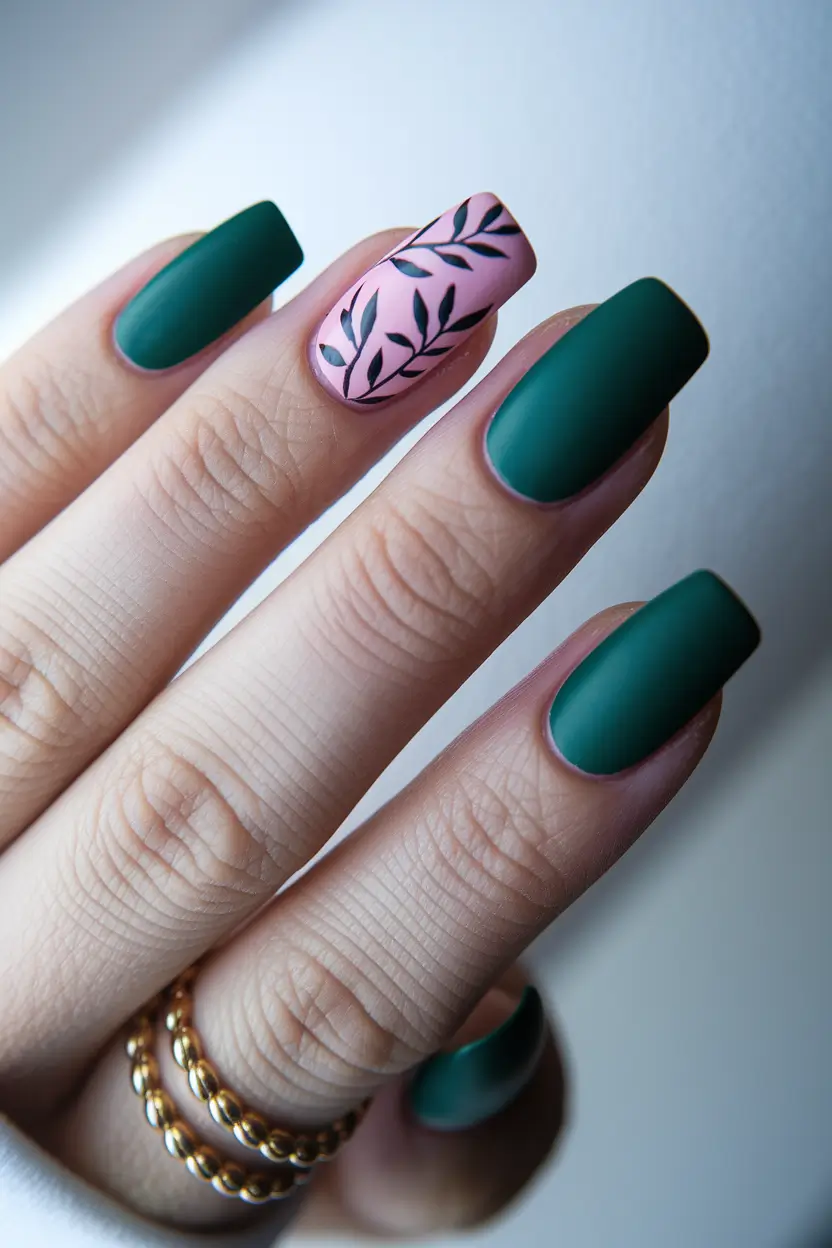 summer green nails ideas 2025 Muted Forest with Pink Accent Leaf