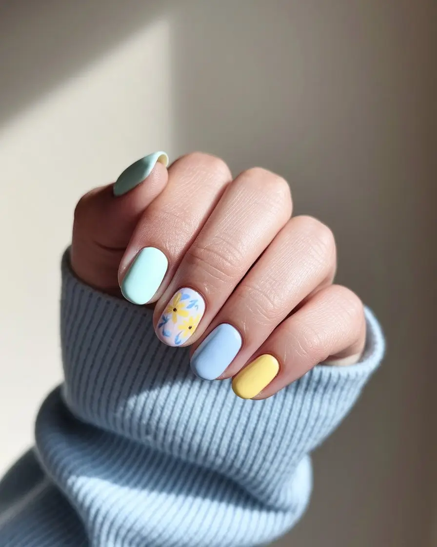 summer round nails ideas 2025 Pastel Daydreams in Sunshine and Sky
