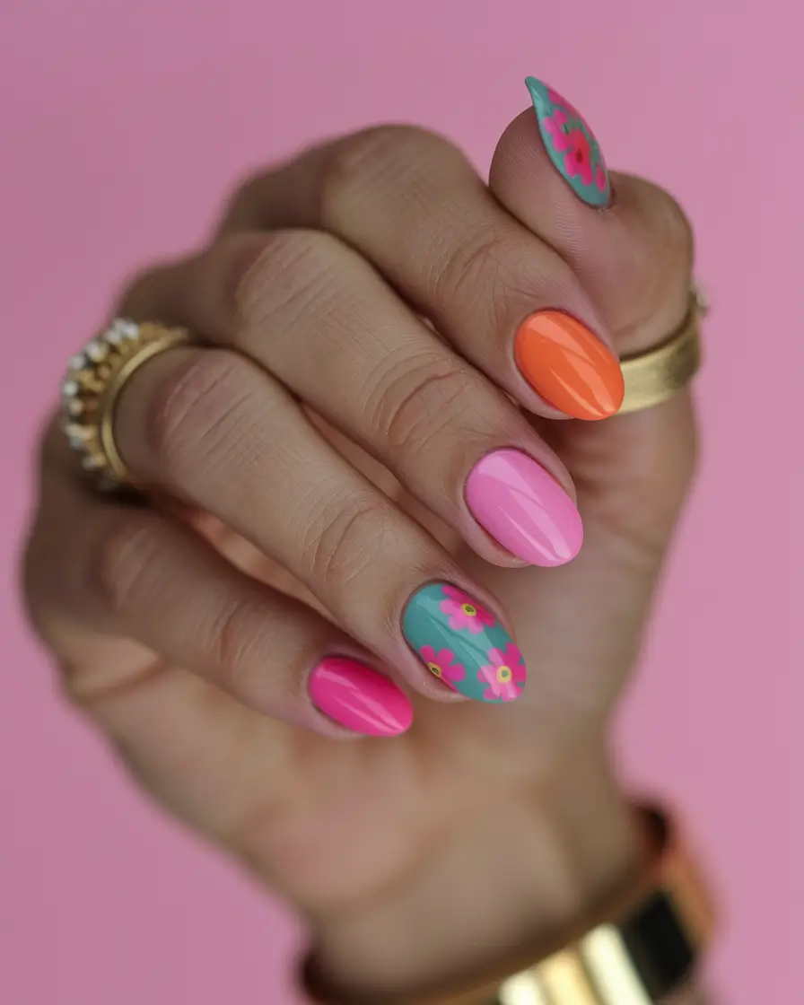 summer round nails ideas 2025 Tutti Frutti Garden Party
