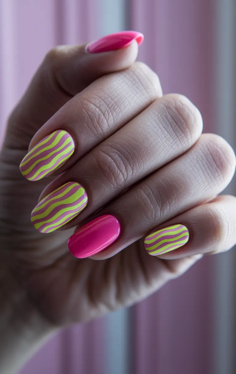 summer round nails ideas 2025 Neon Stripes That Scream Vacation