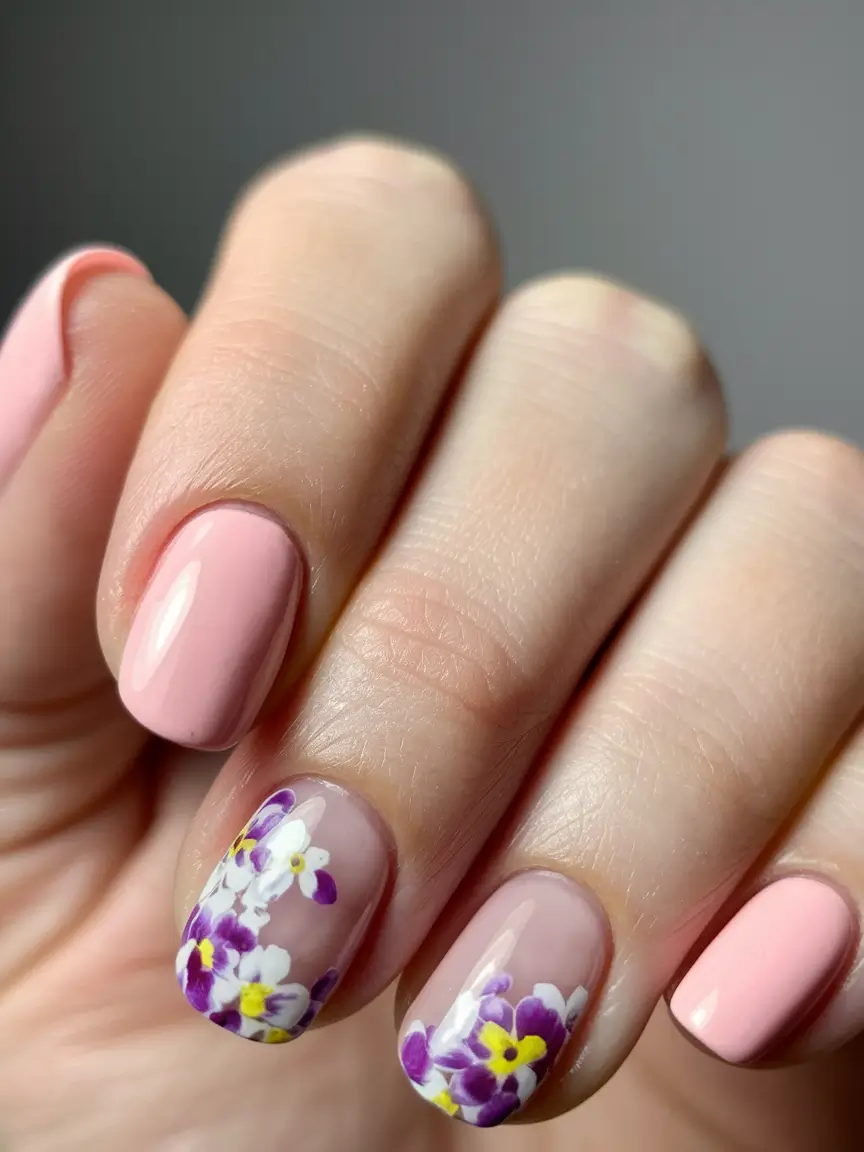 summer round nails ideas 2025 Soft Pink with a Violet Garden