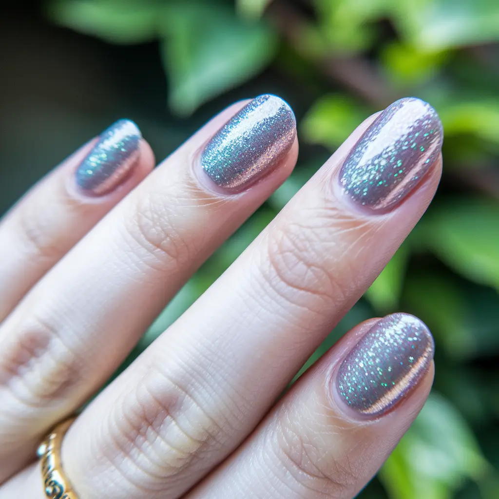 summer round nails ideas 2025 Shimmering Neutral Stardust