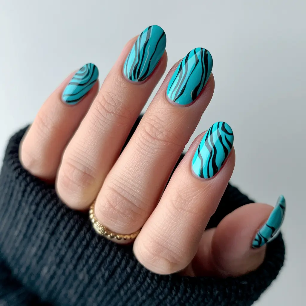 summer round nails ideas 2025 Electric Teal with Abstract Black Waves