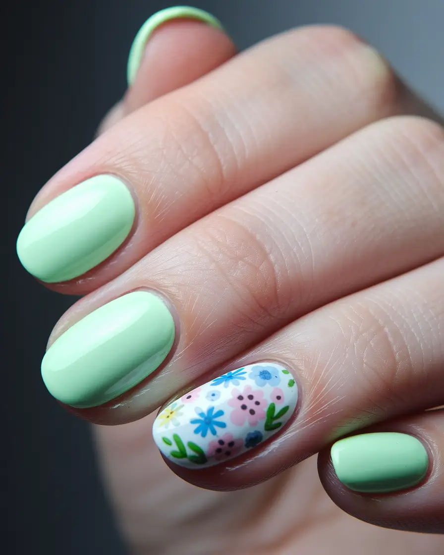 summer round nails ideas 2025 Mint and Meadow Blooms