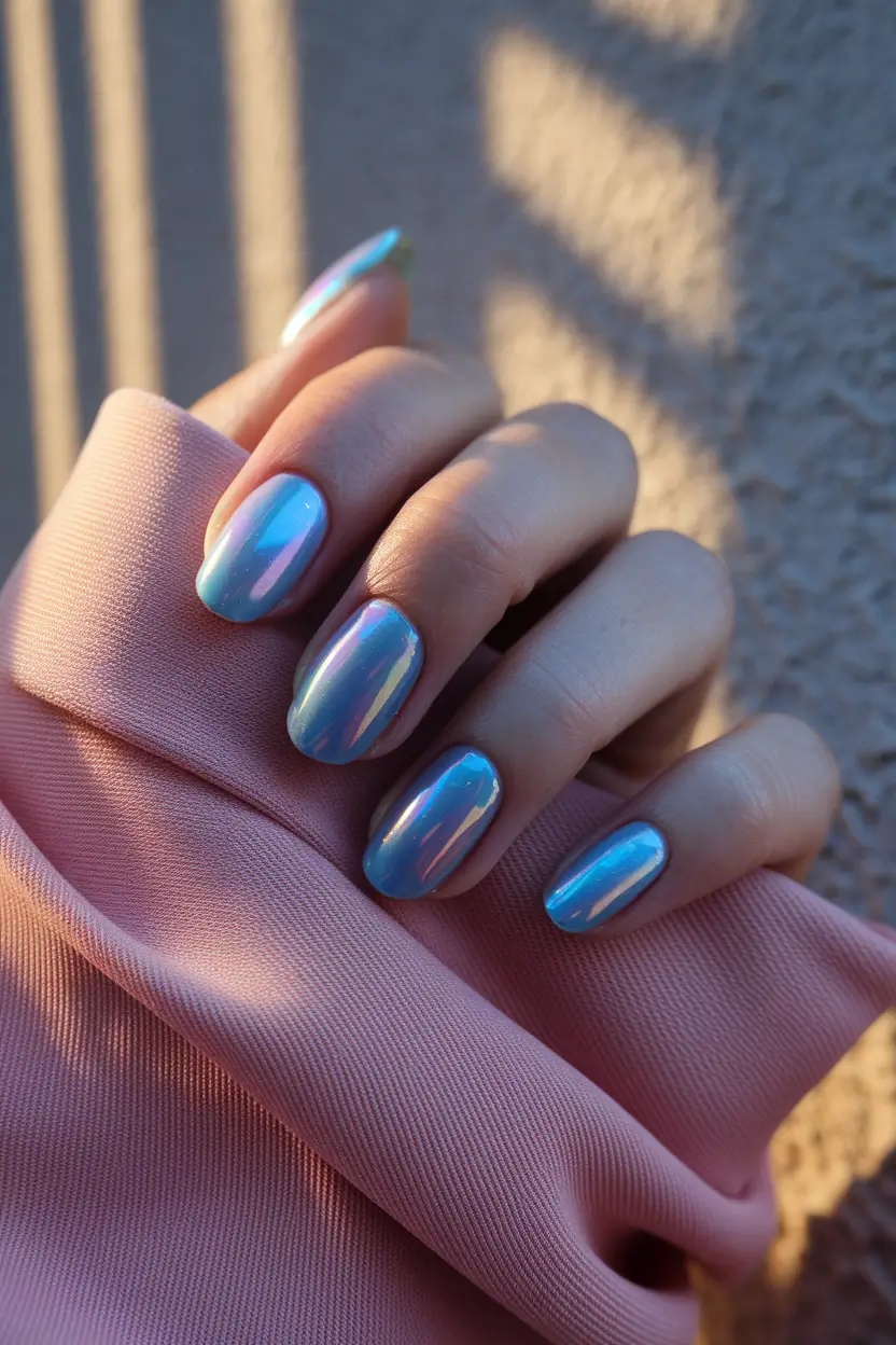 summer round nails ideas 2025 Iridescent Ocean Glow