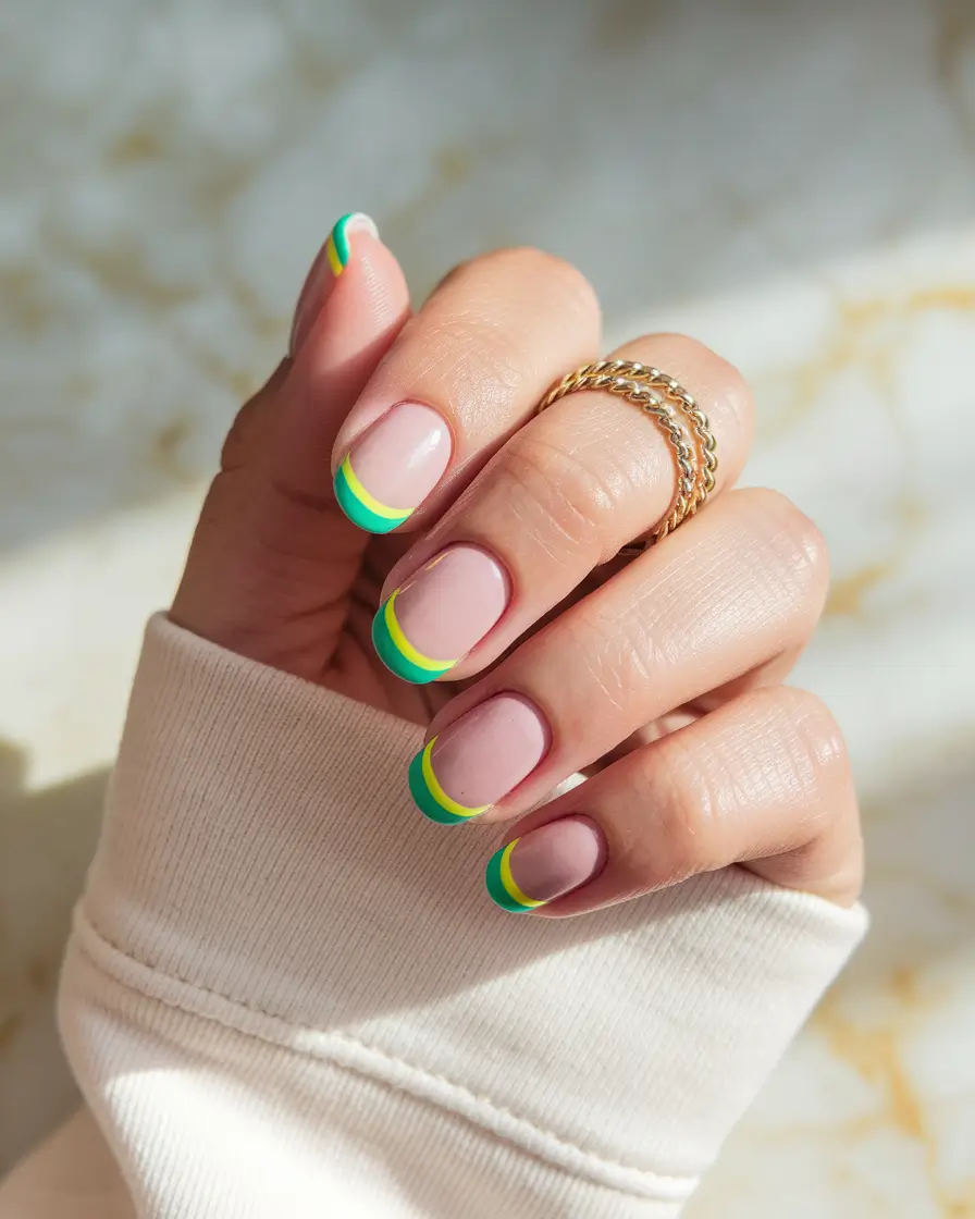 summer round nails ideas 2025 Color-Twist French Tips