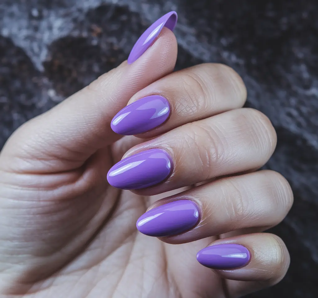summer round nails ideas 2025 Glossy Lilac Power