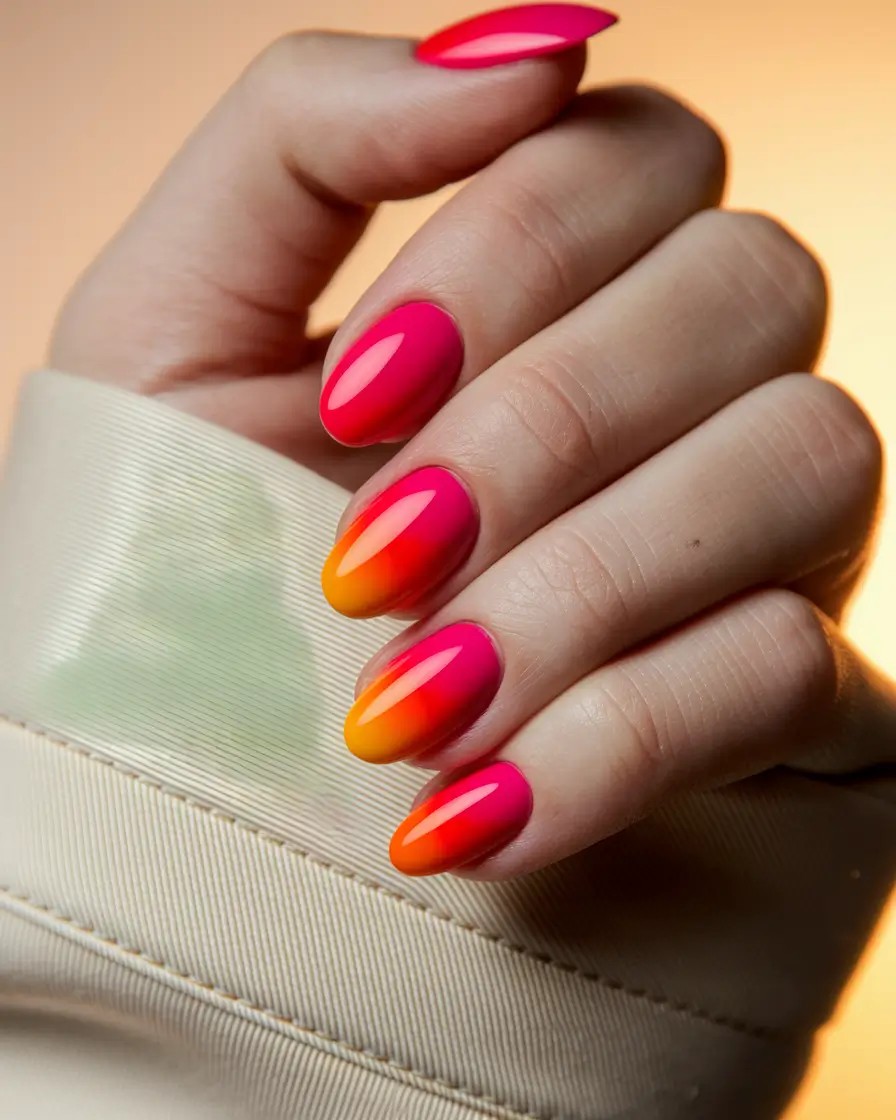 summer round nails ideas 2025 Hot Sunset Fade