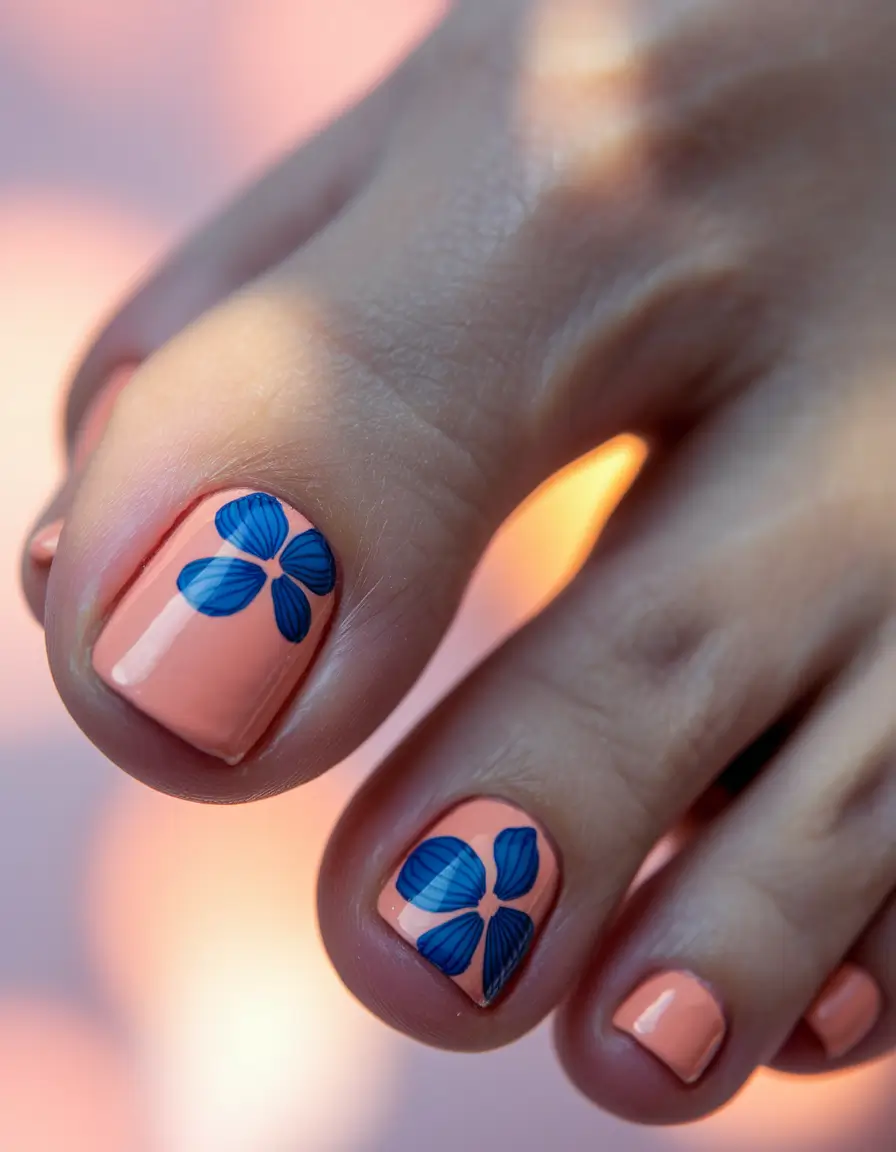 summer toe nail colors ideas 2025 Peach Blossom Pedicure with Blue Floral Design