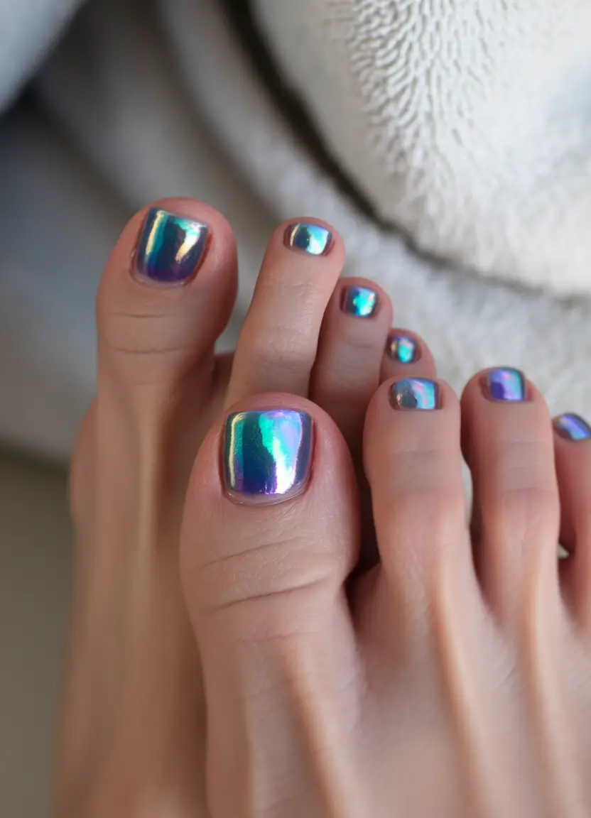 summer toe nail colors ideas 2025 Chrome Mermaid Shift for a Futuristic Finish