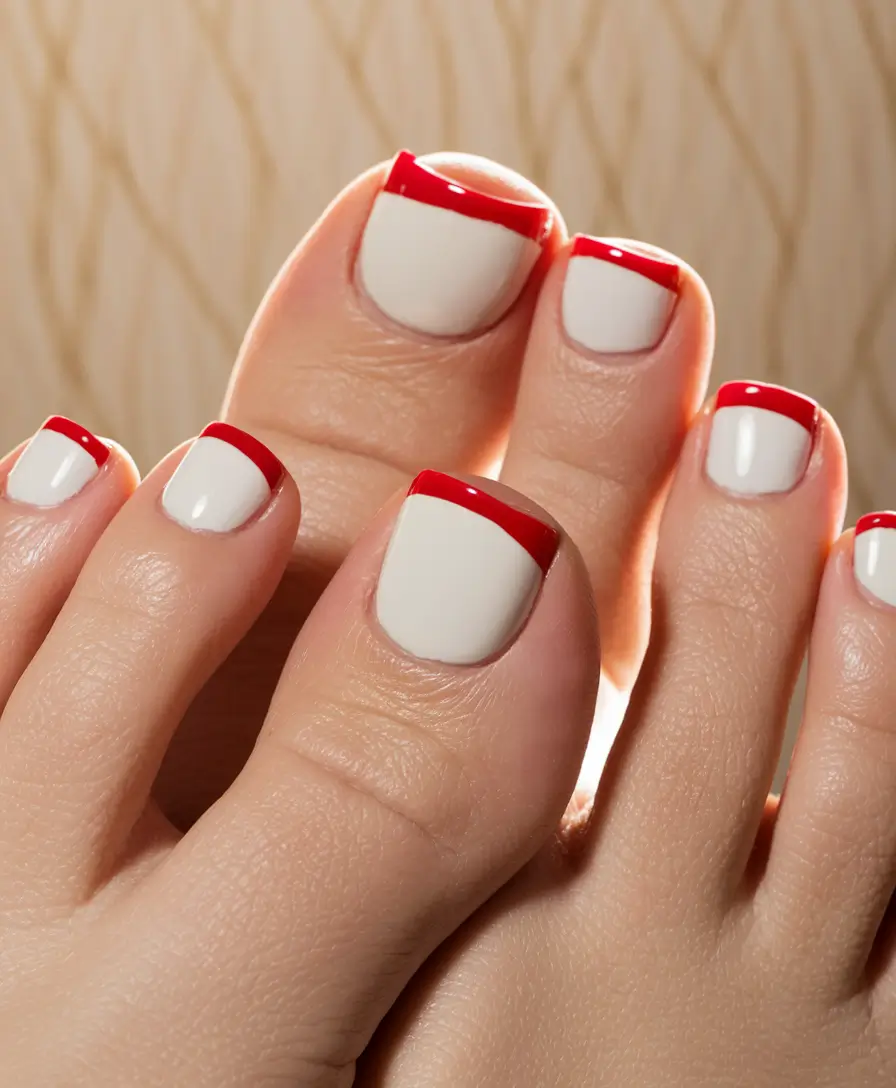 summer toe nail colors ideas 2025 Modern French in Crimson and Cream