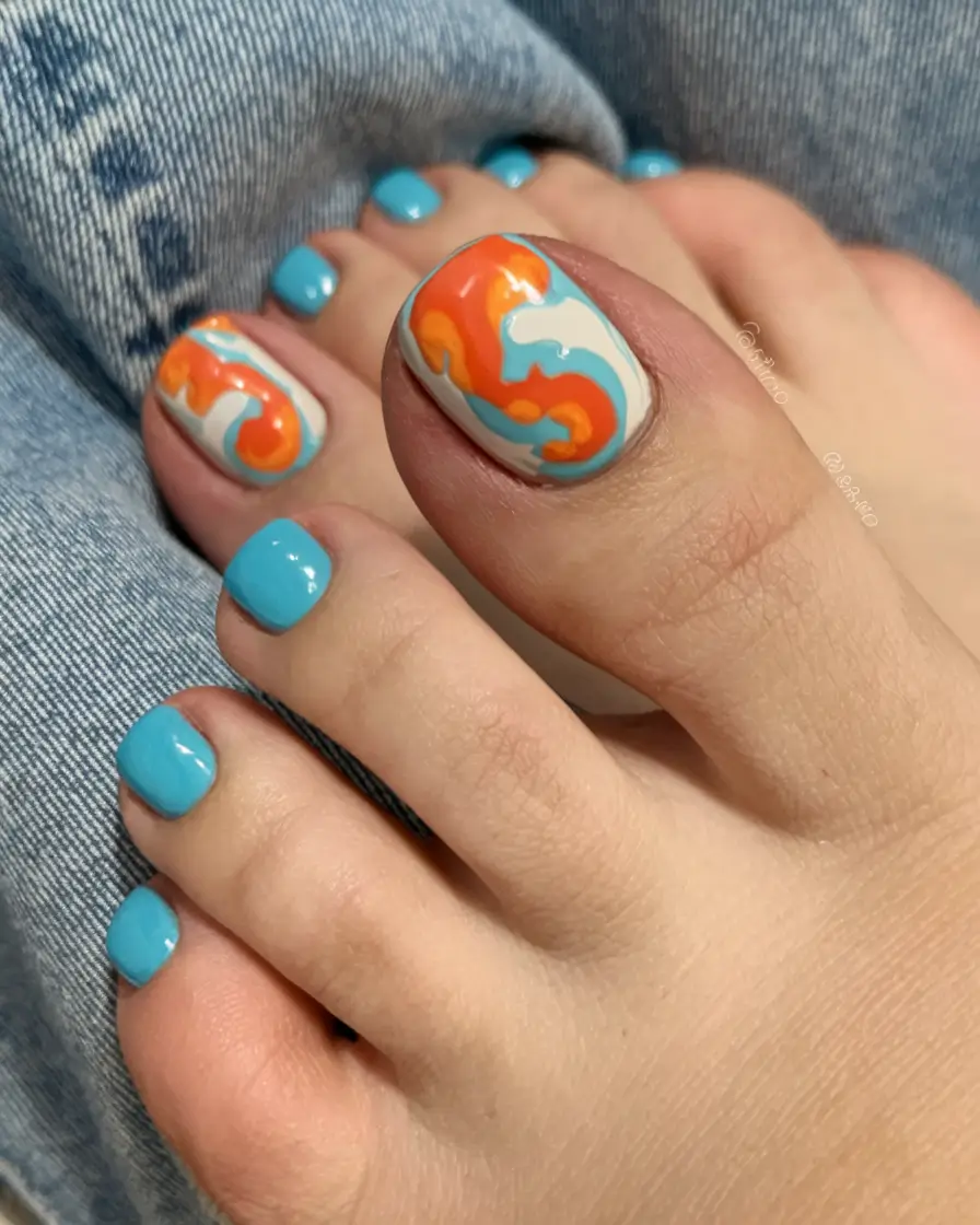 summer toe nail colors ideas 2025 Retro Surf Swirls in Cool Blue and Orange