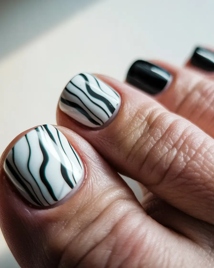 summer toe nail colors ideas 2025 Monochrome Marble Waves for Ultra-Cool Contrast