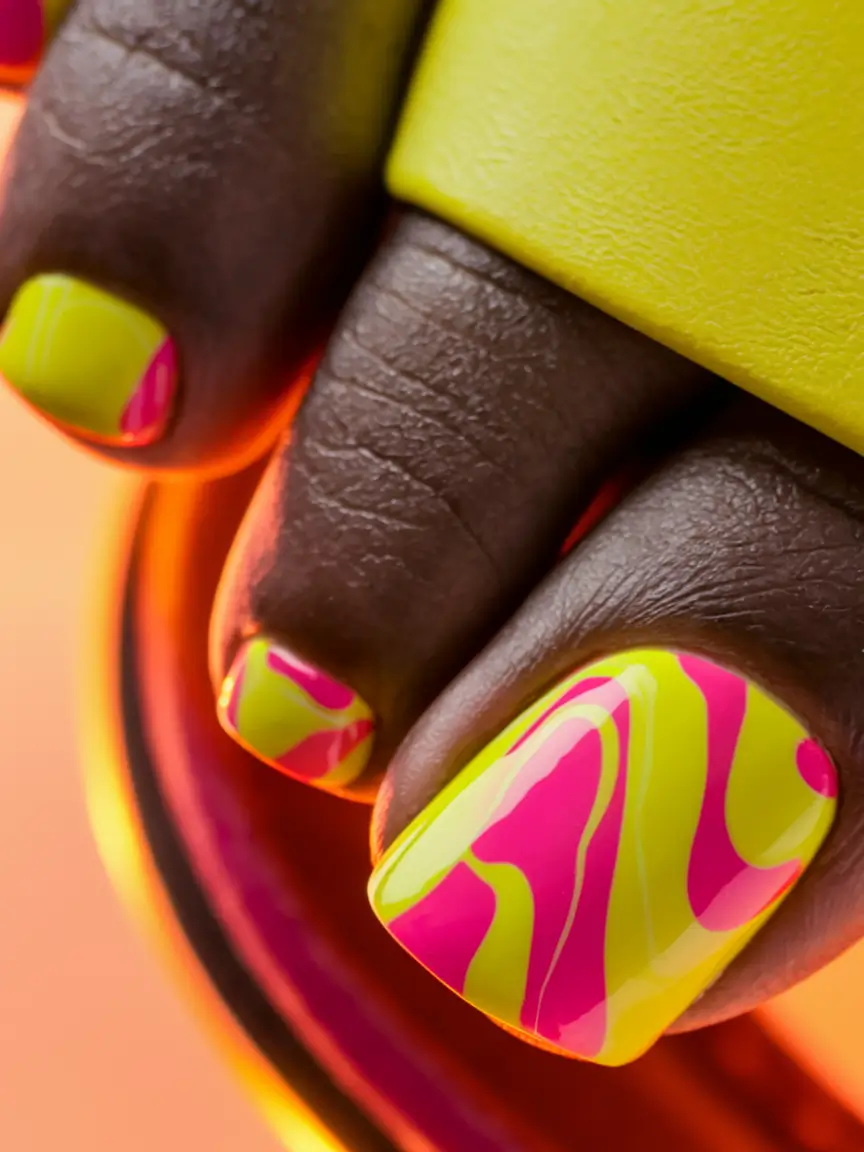 summer toe nail colors ideas 2025 Neon Swirl Dream in Yellow and Magenta