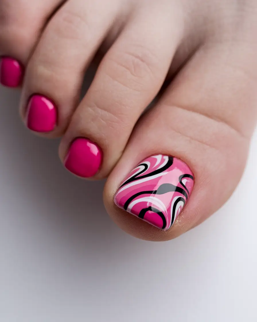 summer toe nail colors ideas 2025 Groovy Pink Swirl with Black and White Accents