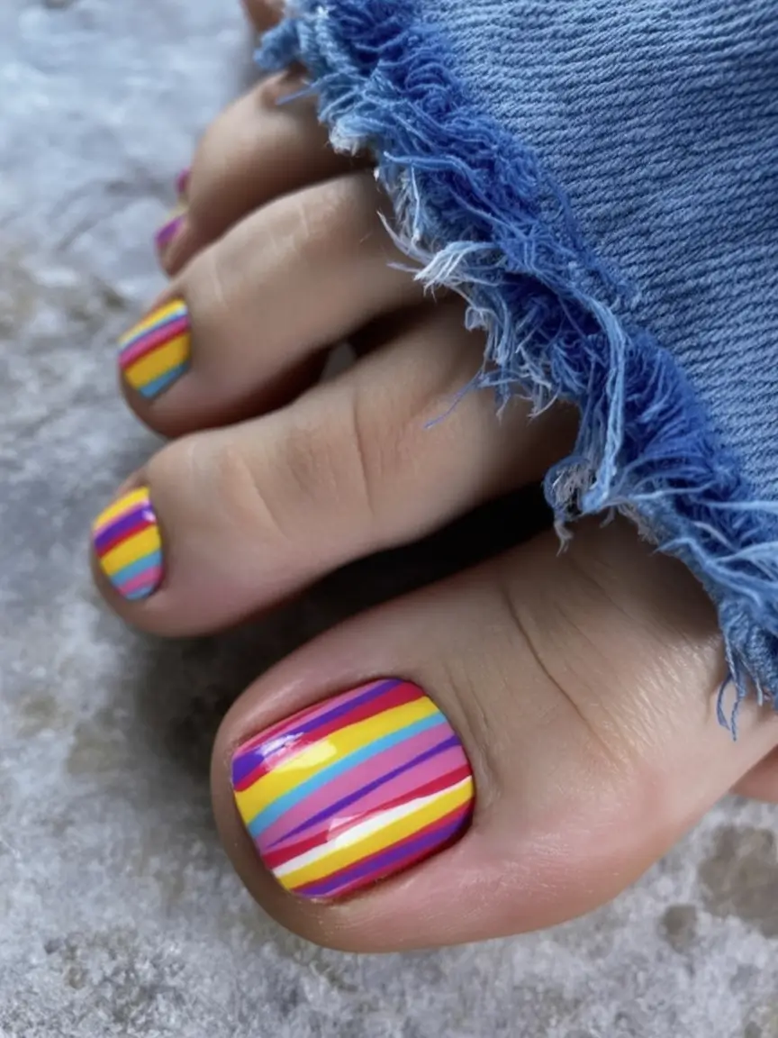 summer toe nail colors ideas 2025 Technicolor Stripes That Radiate Joy