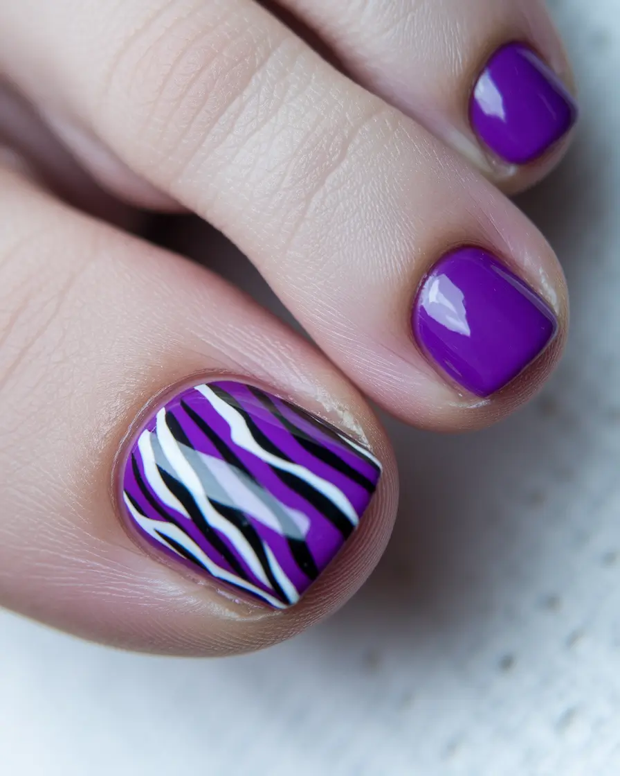 summer toe nails ideas 2025 Vibrant Purple and Zebra Pop