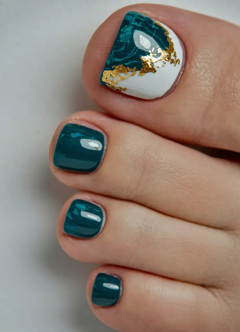 summer toe nails ideas 2025 Ocean Marble with Gold Foil Drama