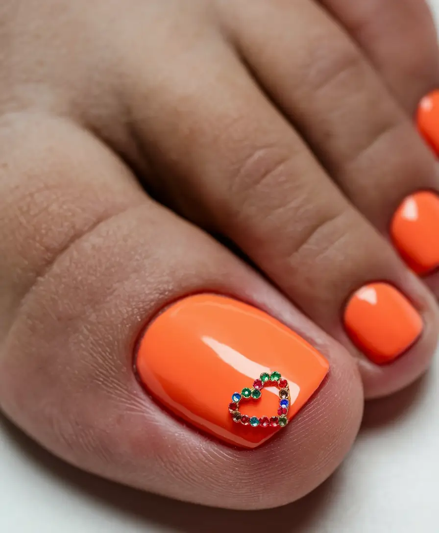 summer toe nails ideas 2025 Tangerine Sparkle Heart