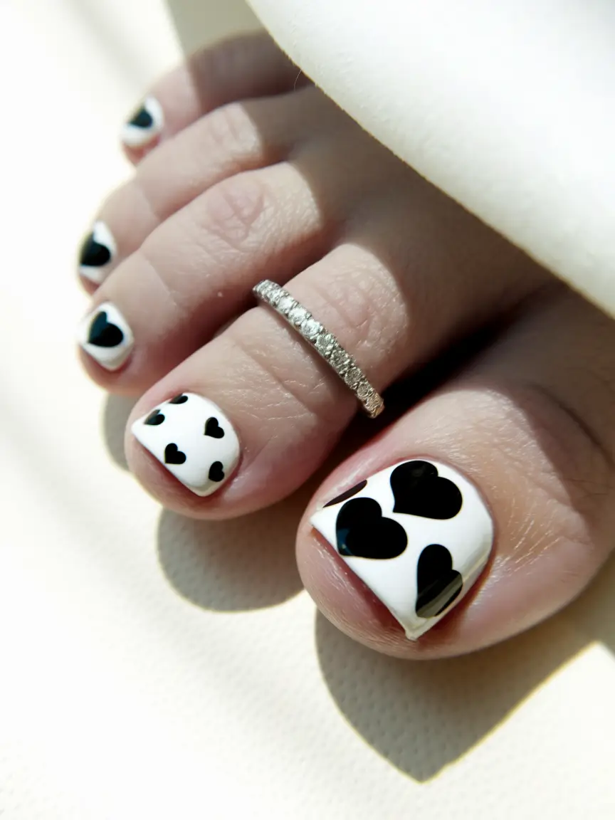 summer toe nails ideas 2025 Black Hearts on Milky White