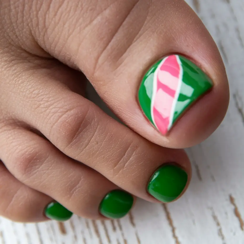 summer toe nails ideas 2025 Juicy Green with a Pink Twist