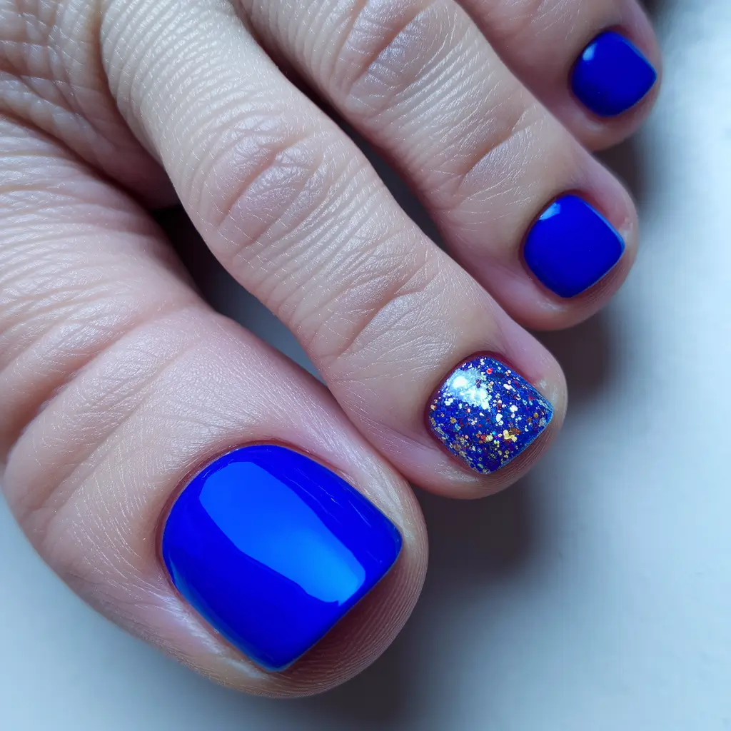 summer toe nails ideas 2025 Electric Blue with a Glitter Accent